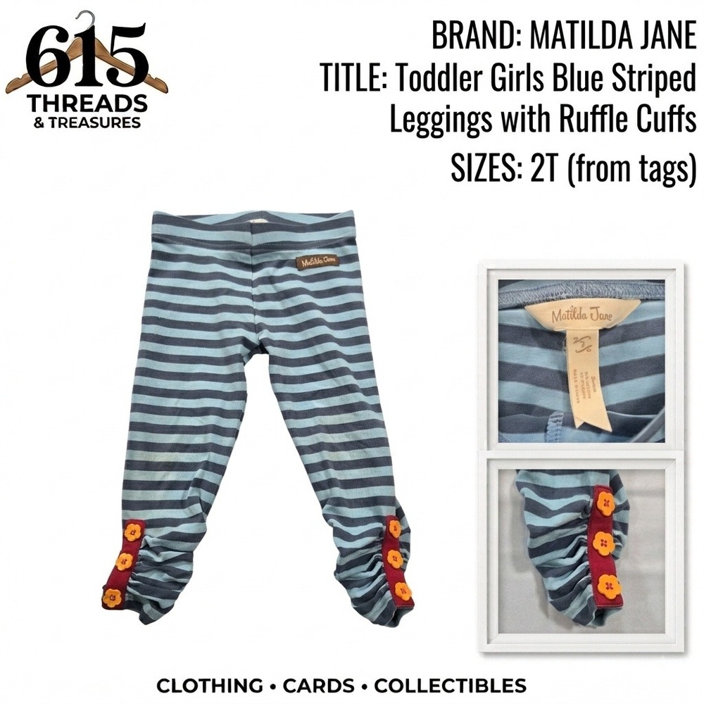 Matilda Jane Toddler Girls Blue Striped Leggings Ruffle Flower Buttons Size 2T